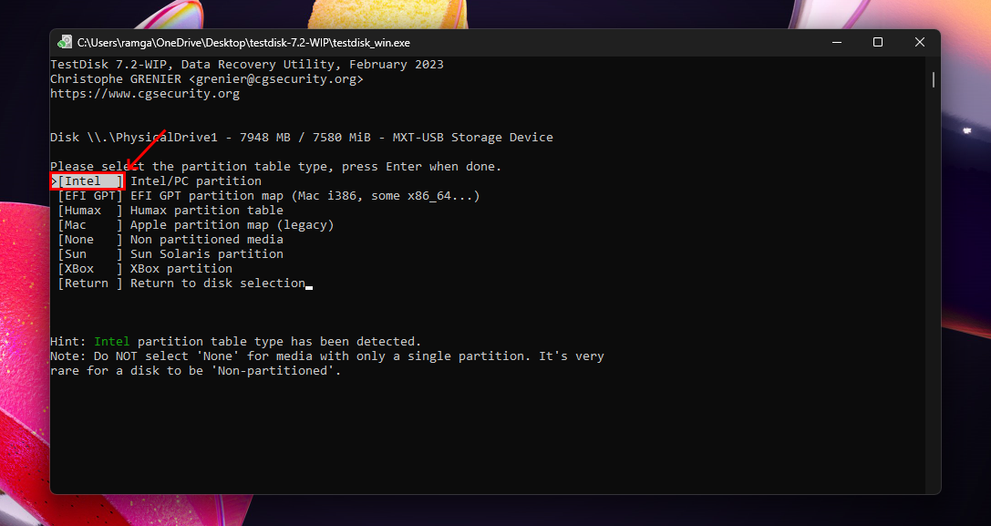 Partition selection in TestDisk