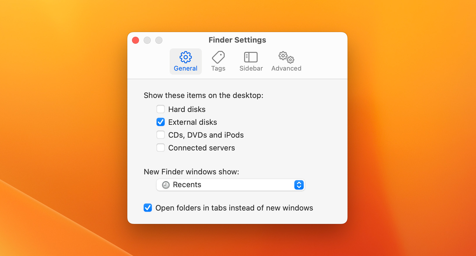 Image showing how to check external drives in finder settings to make external disks visible