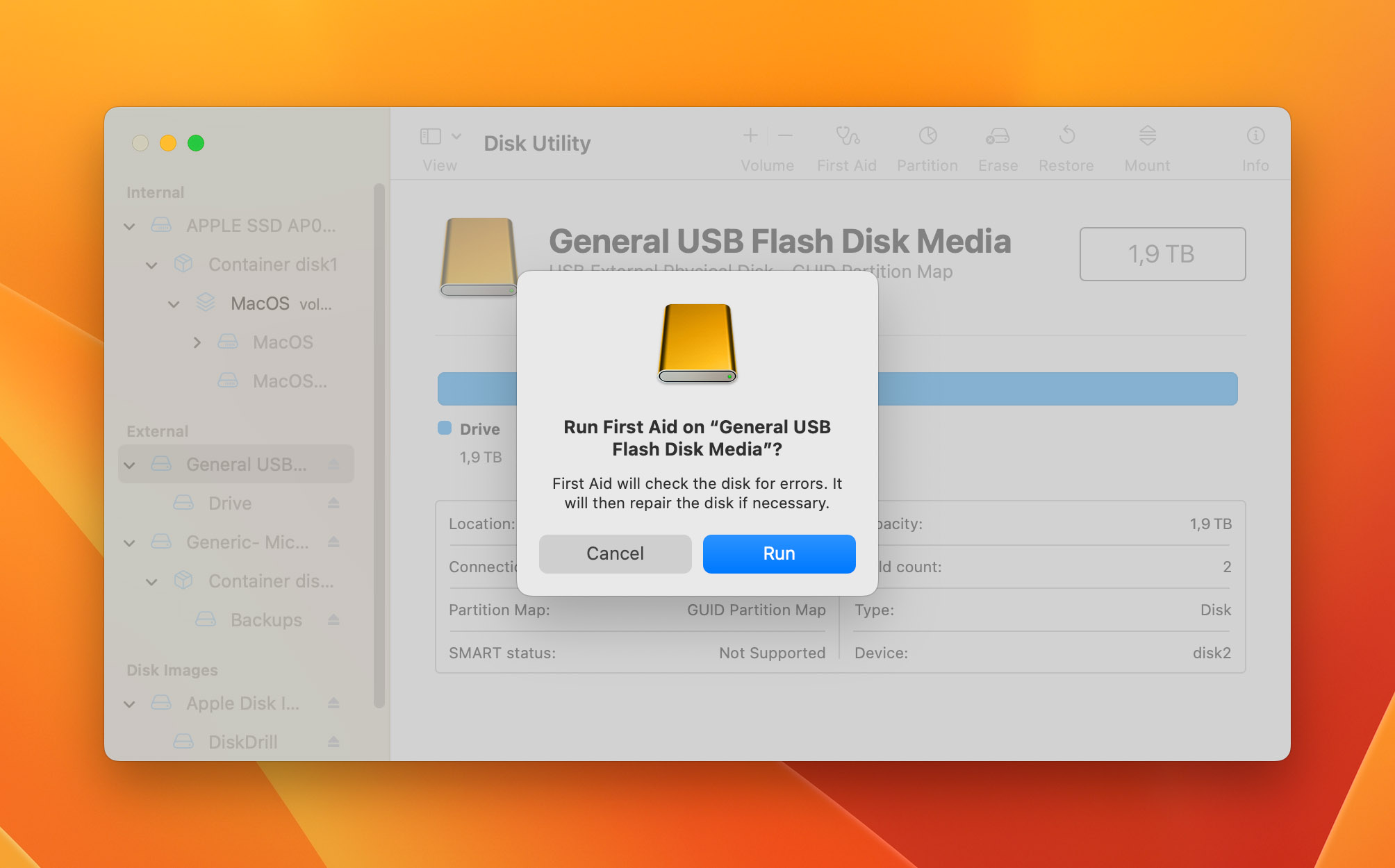 Image showing how to run first aid in disk utility to manage hard drive issues