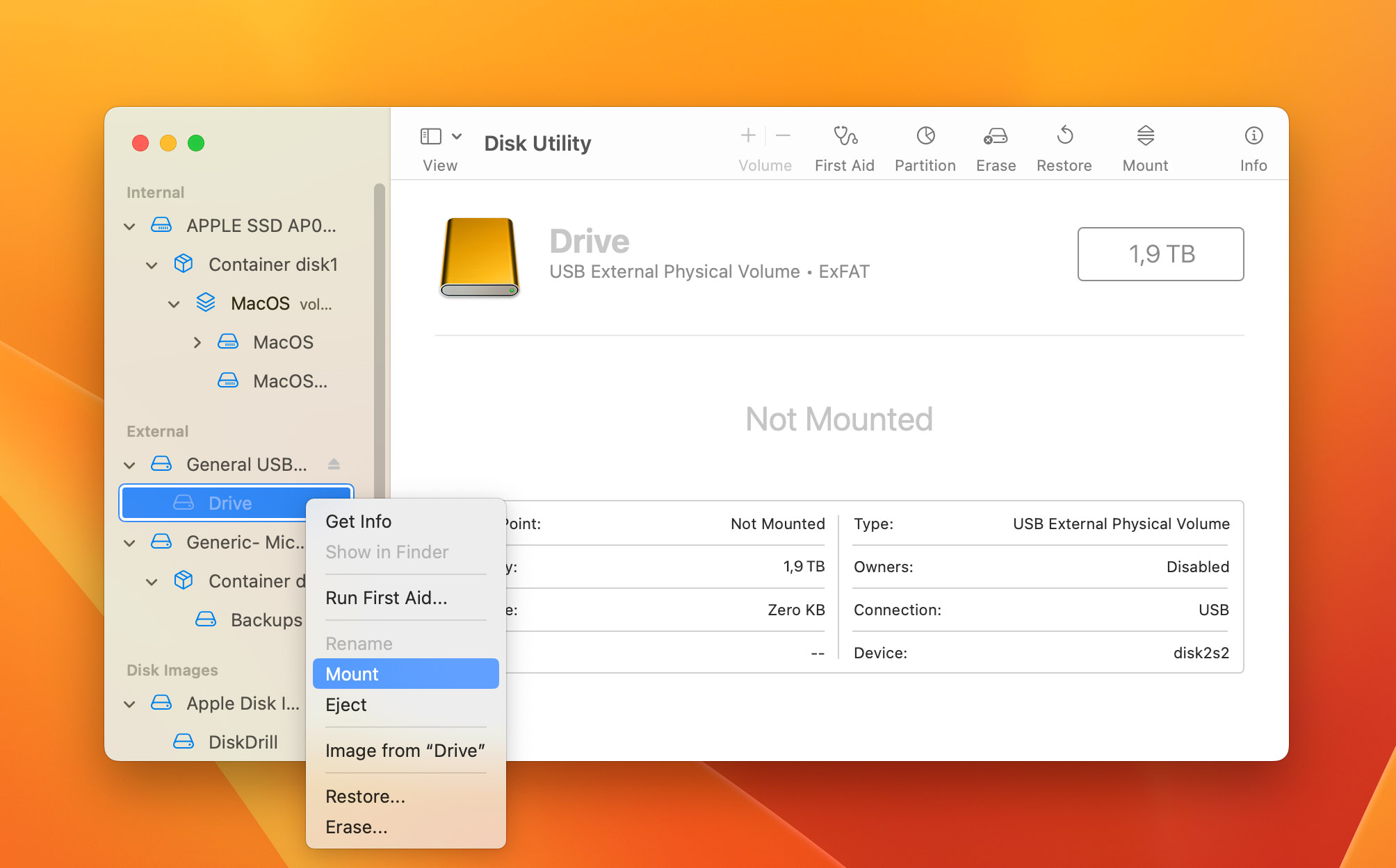 Image showing how to mount drive with disk utility to manage hard drive issues