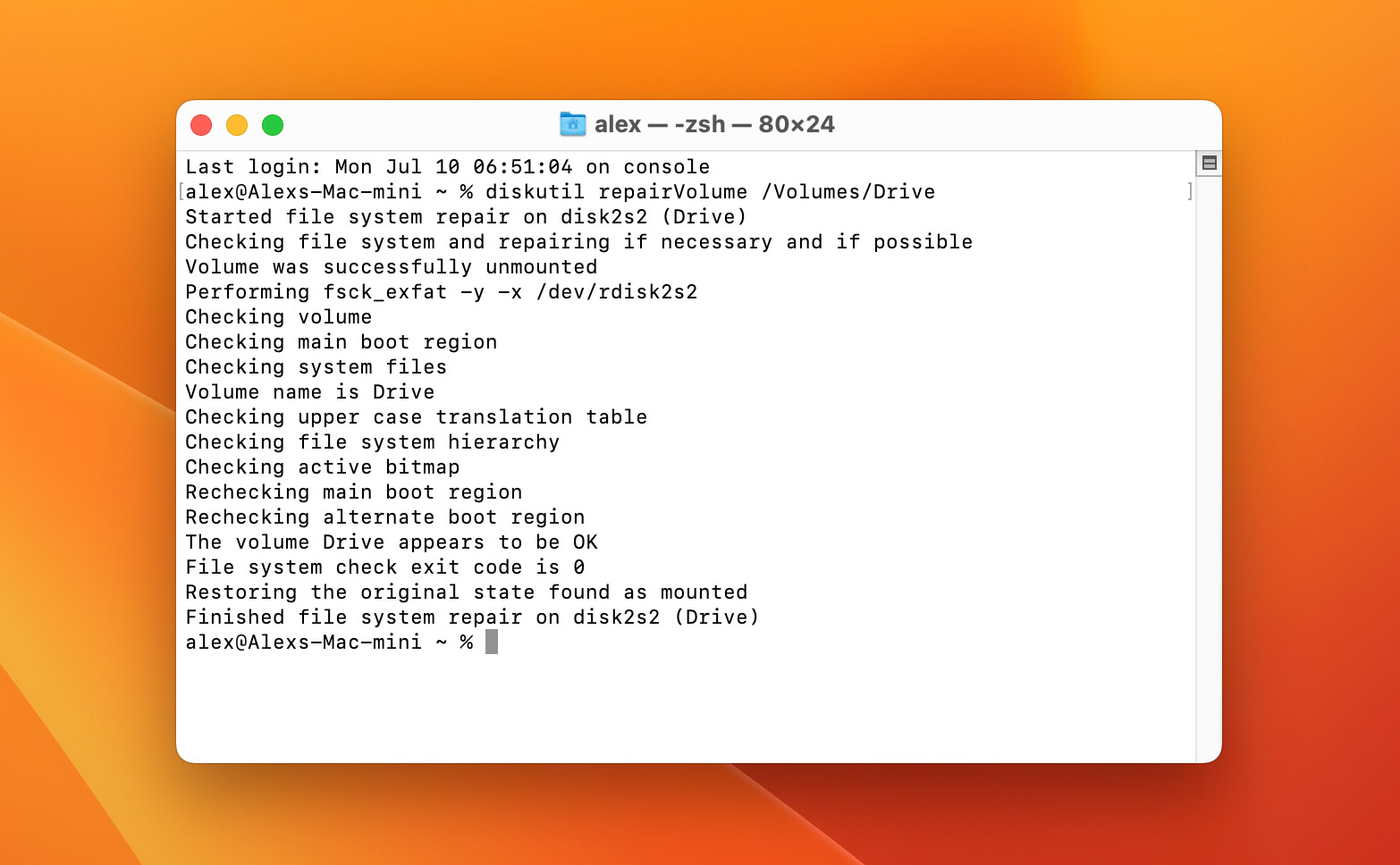 Image showing how to run first aid for drive with terminal as part of hard drive repair process