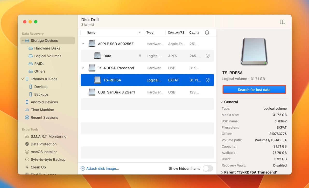 Search for lost data in Disk Drill.