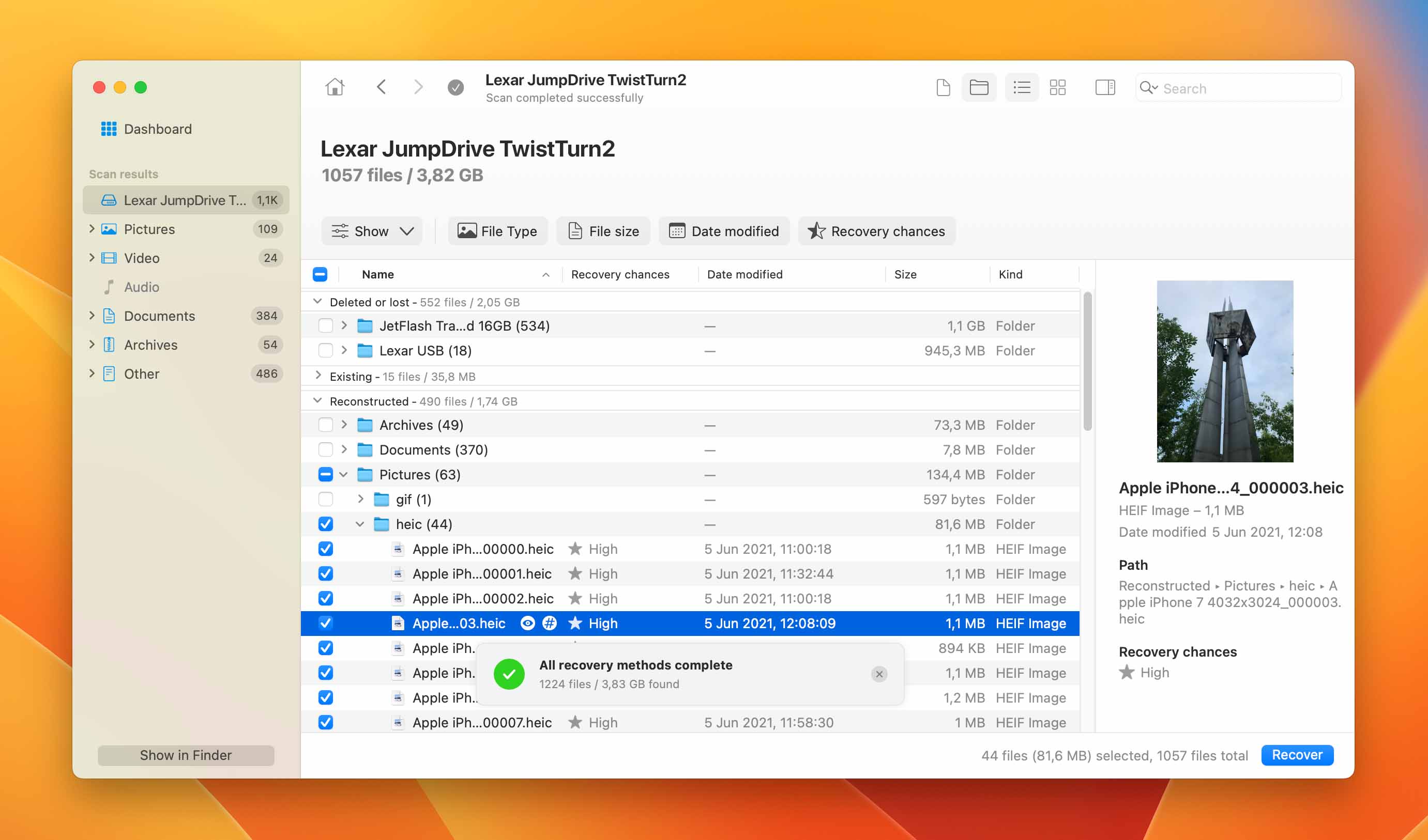 select files for recover from lexar flash drive