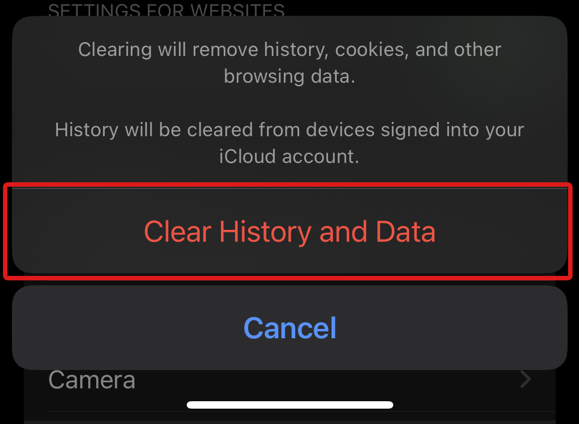 Clear History and Website Data Confirmation