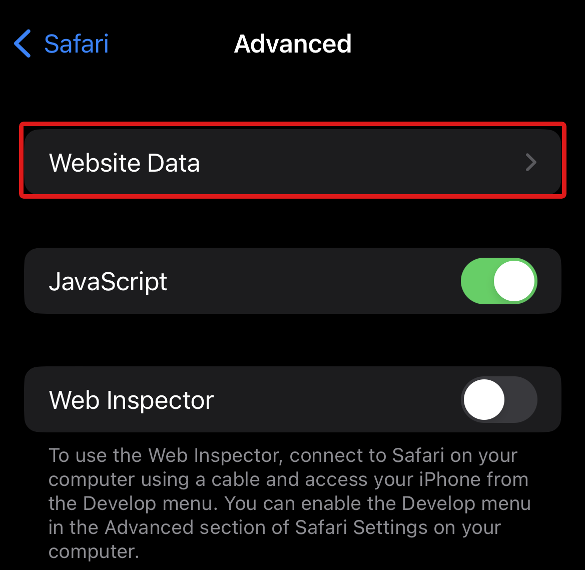 Safari Website Data tab