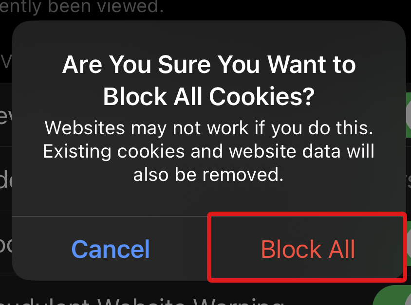 Block All Cookies confirmation