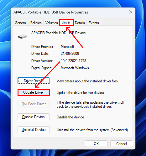 Driver menu in Device Manager 