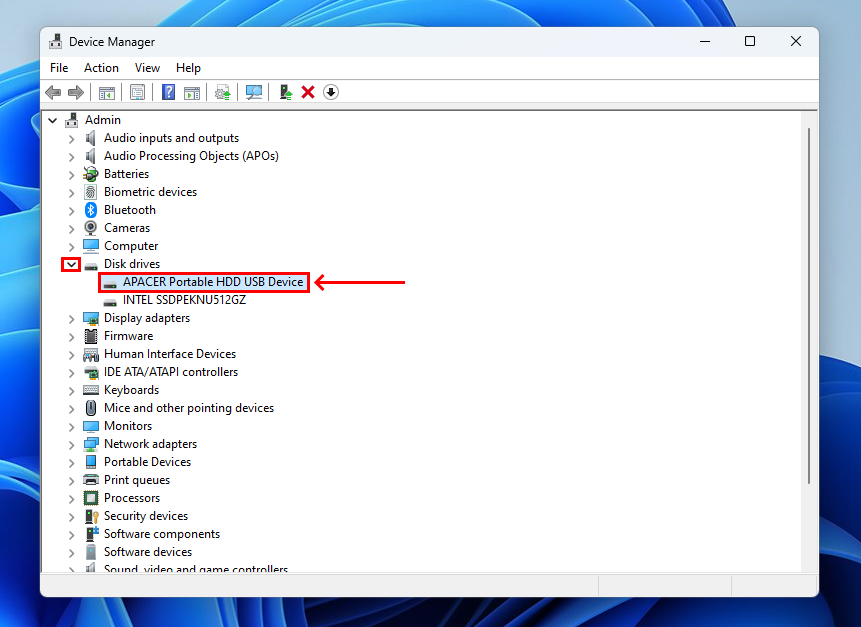 Hard Drive menu in Device Manager