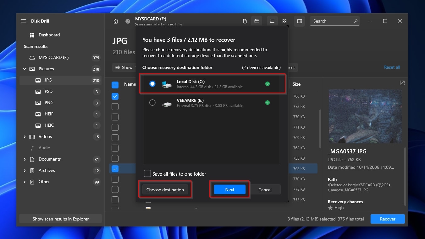 Disk Drill Choosing Recovery Destination