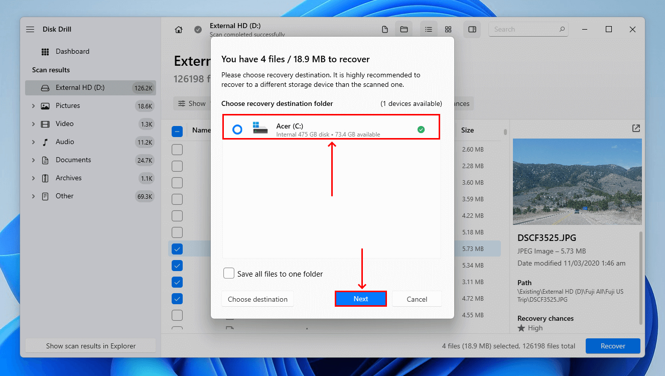 File destination selection dialogue in Disk Drill 