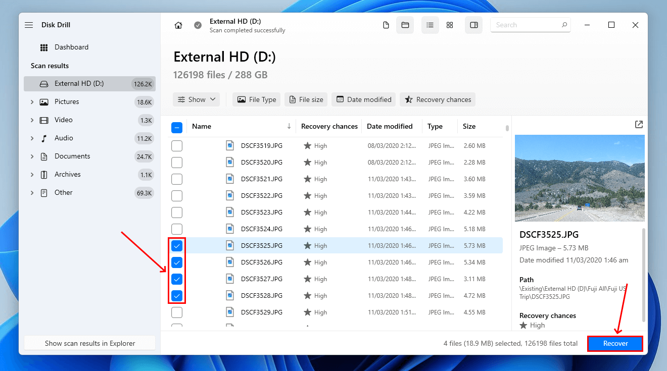 File selection window in Disk Drill 