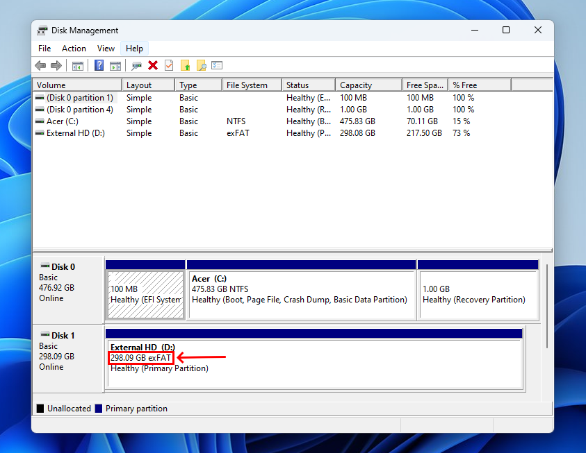 Menu in Disk Management