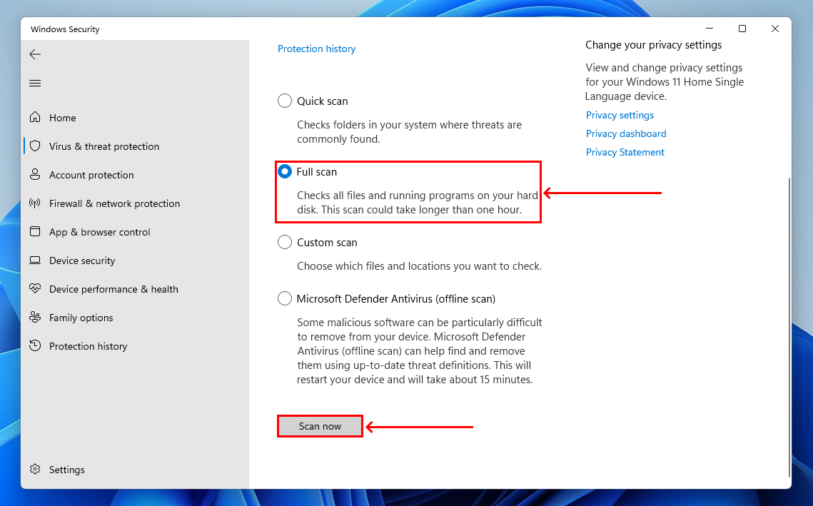 Scan options selections in Windows Security