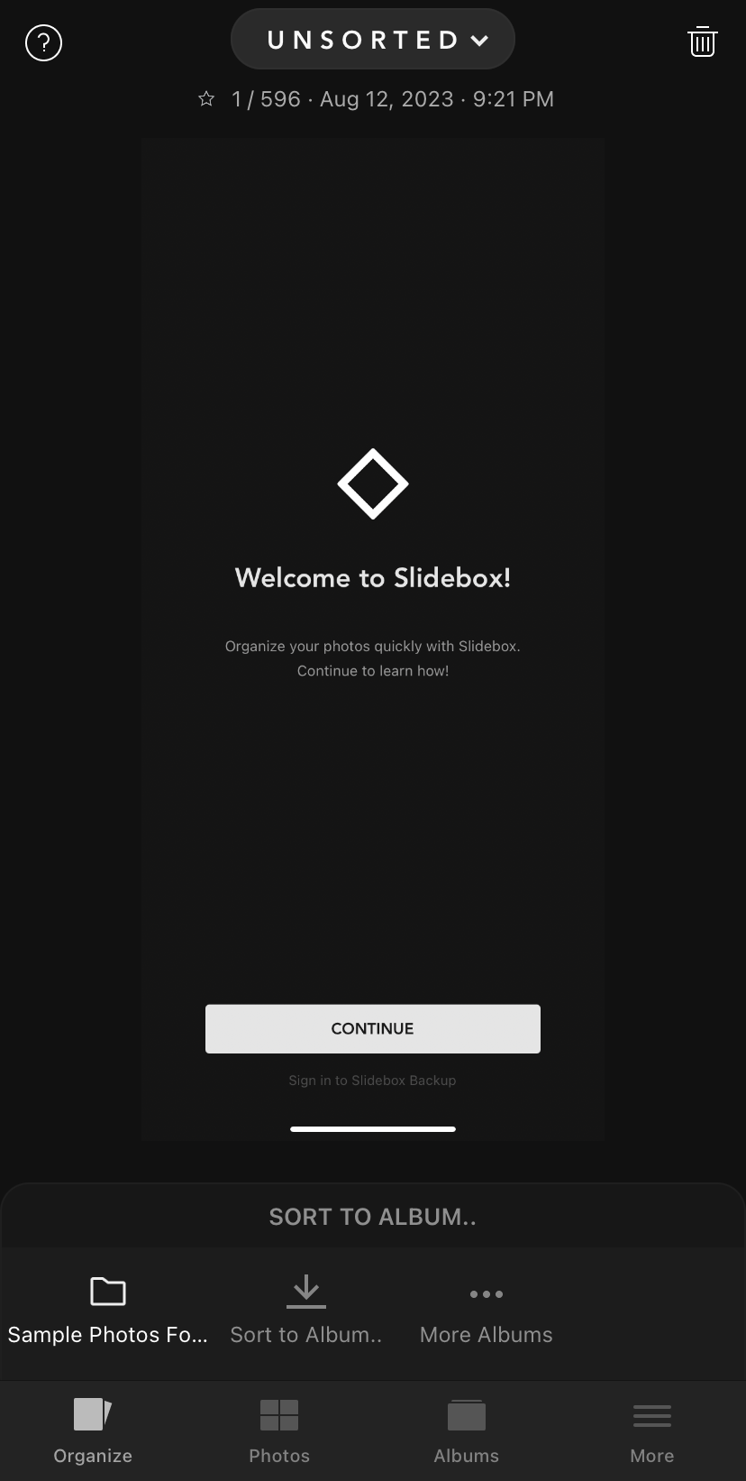 Welcome page on Slidebox Photo Manager app