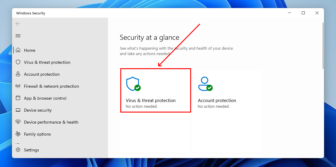 Selection in Windows Security settings