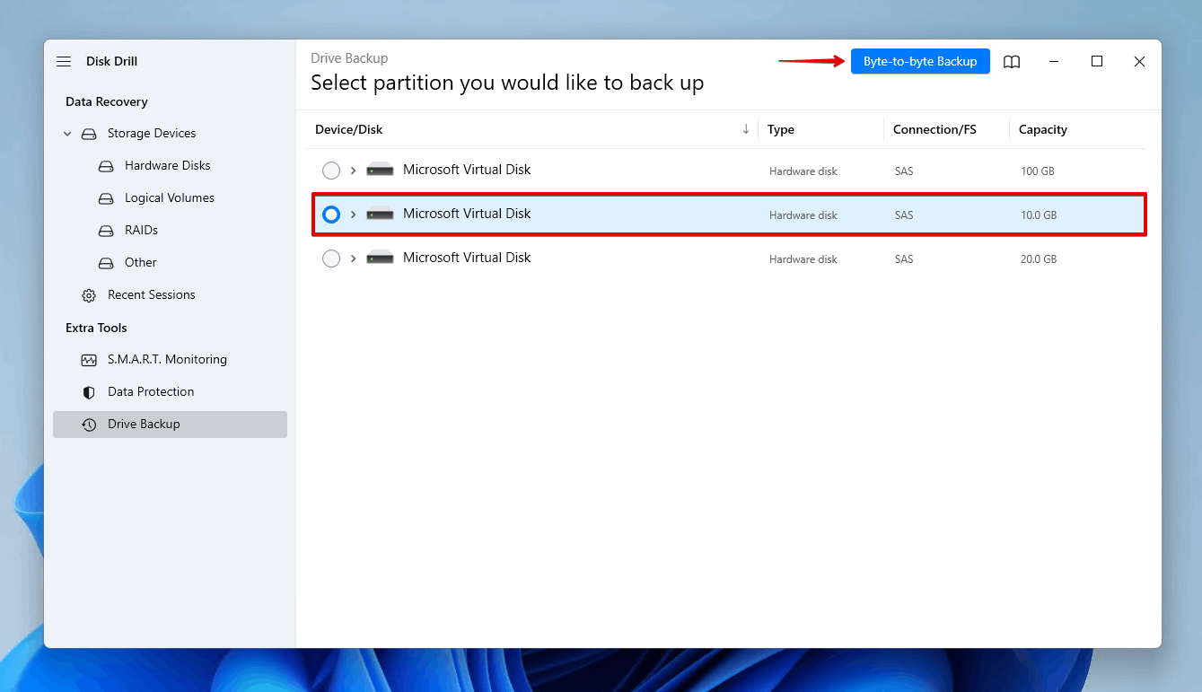 Selecting a drive to create a byte-to-byte backup.