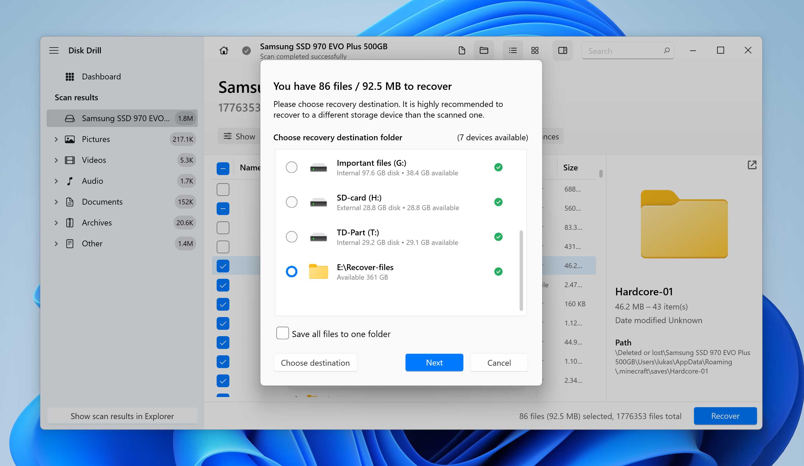 select recovery destination for minecraft saves in disk drill