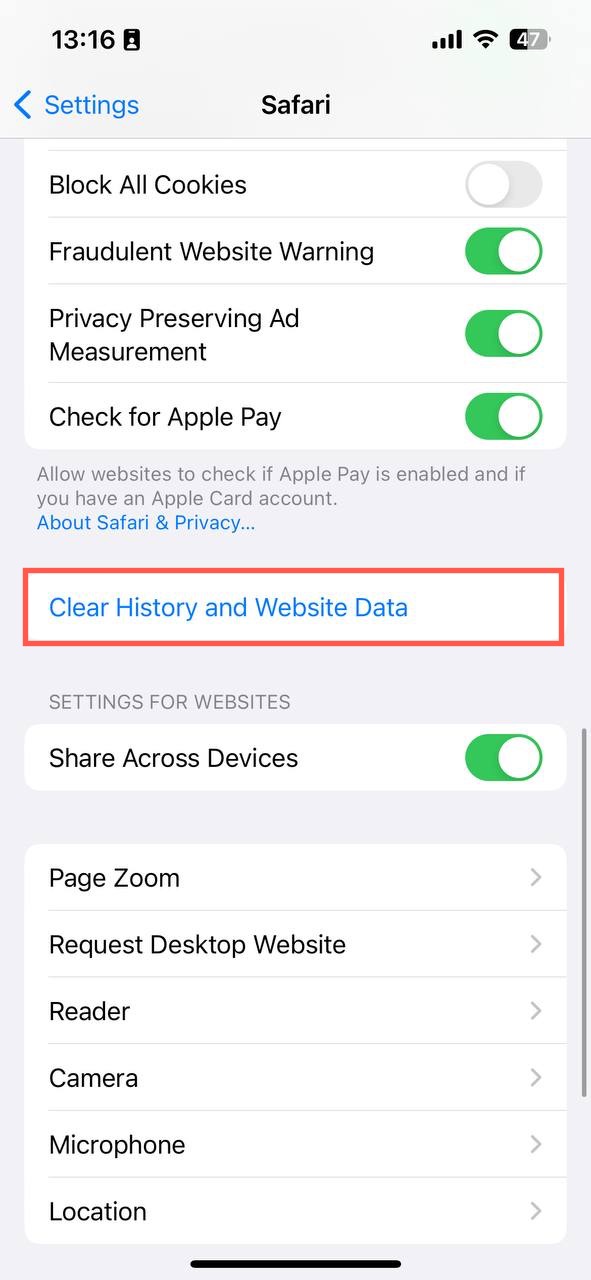 clear history and website data