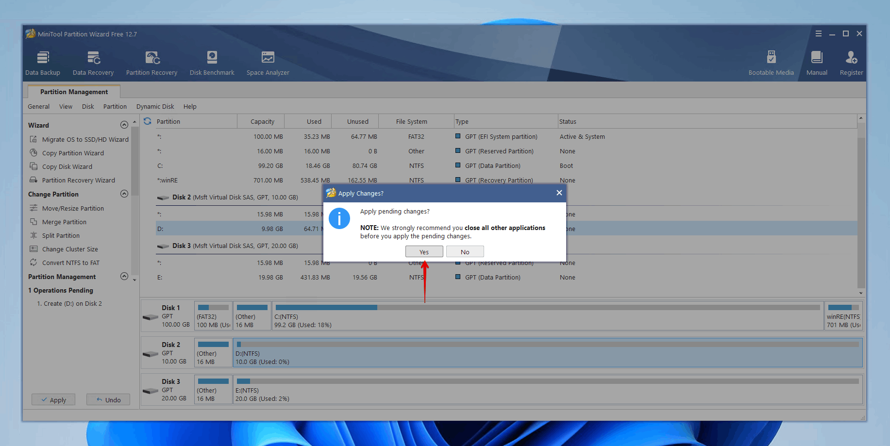 Confirming the MiniTool Partition Wizard changes.