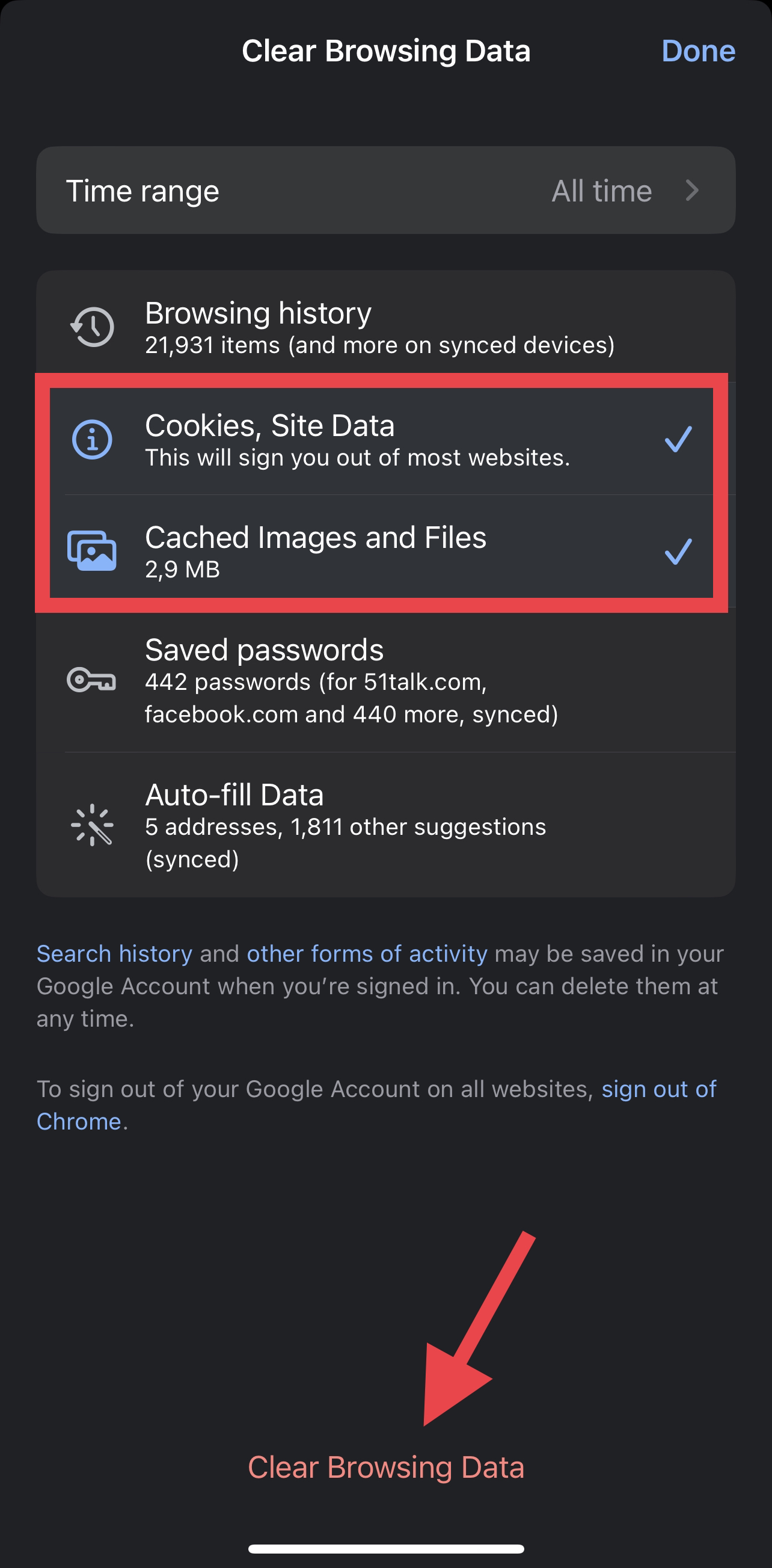 clearing cookies and site data