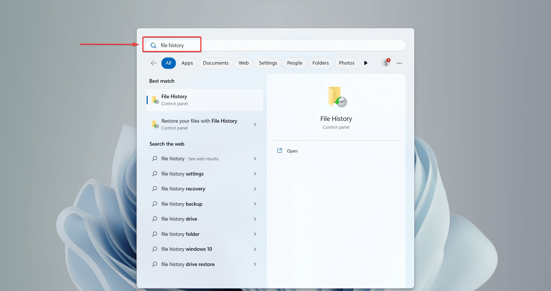File History in Windows search bar