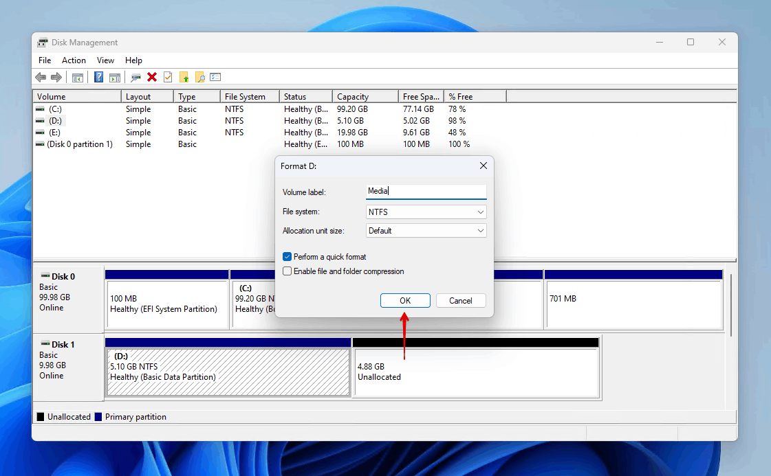 Choosing a file system and volume label.