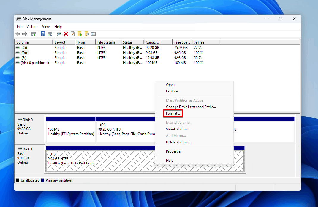 Choosing to format the partition.