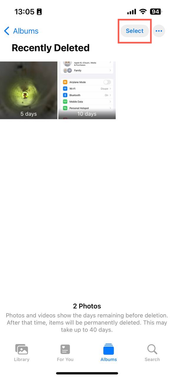 iphone recently deleted select