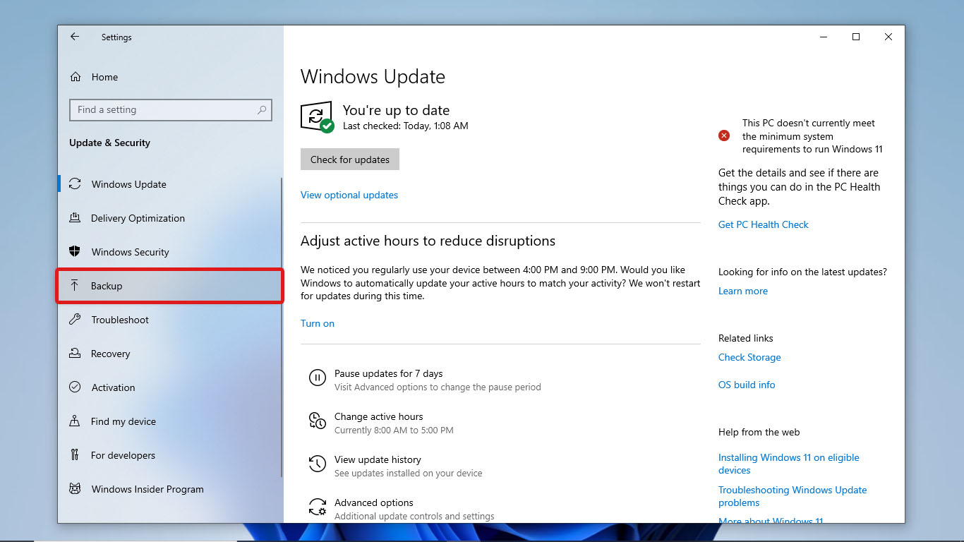 backup option in settings in windows 10