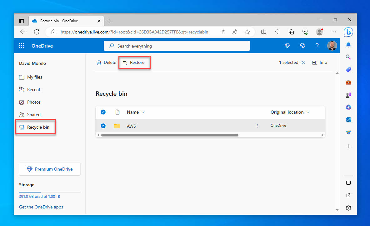 onedrive windows 10 restore