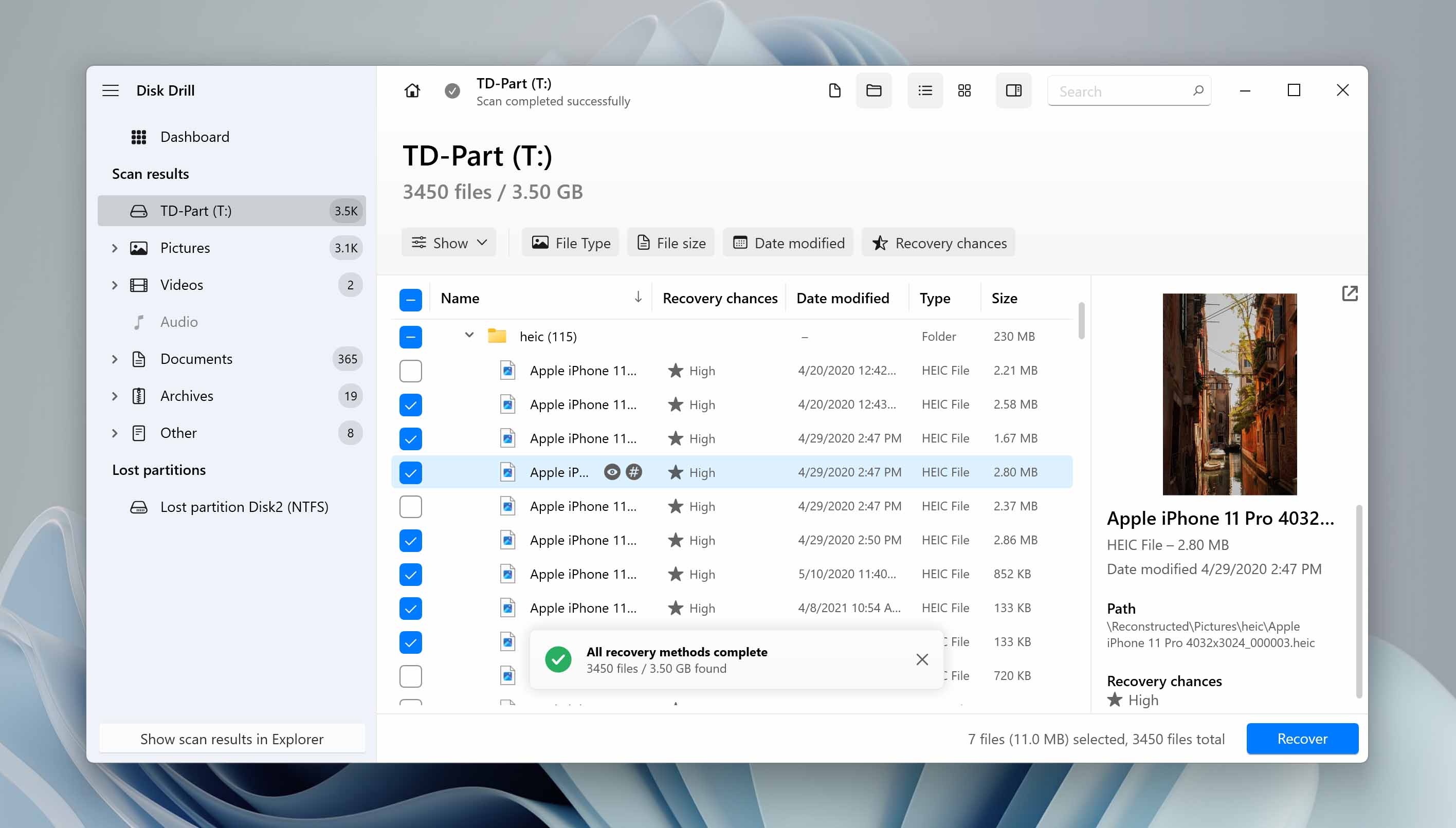 selecting files for data recovery