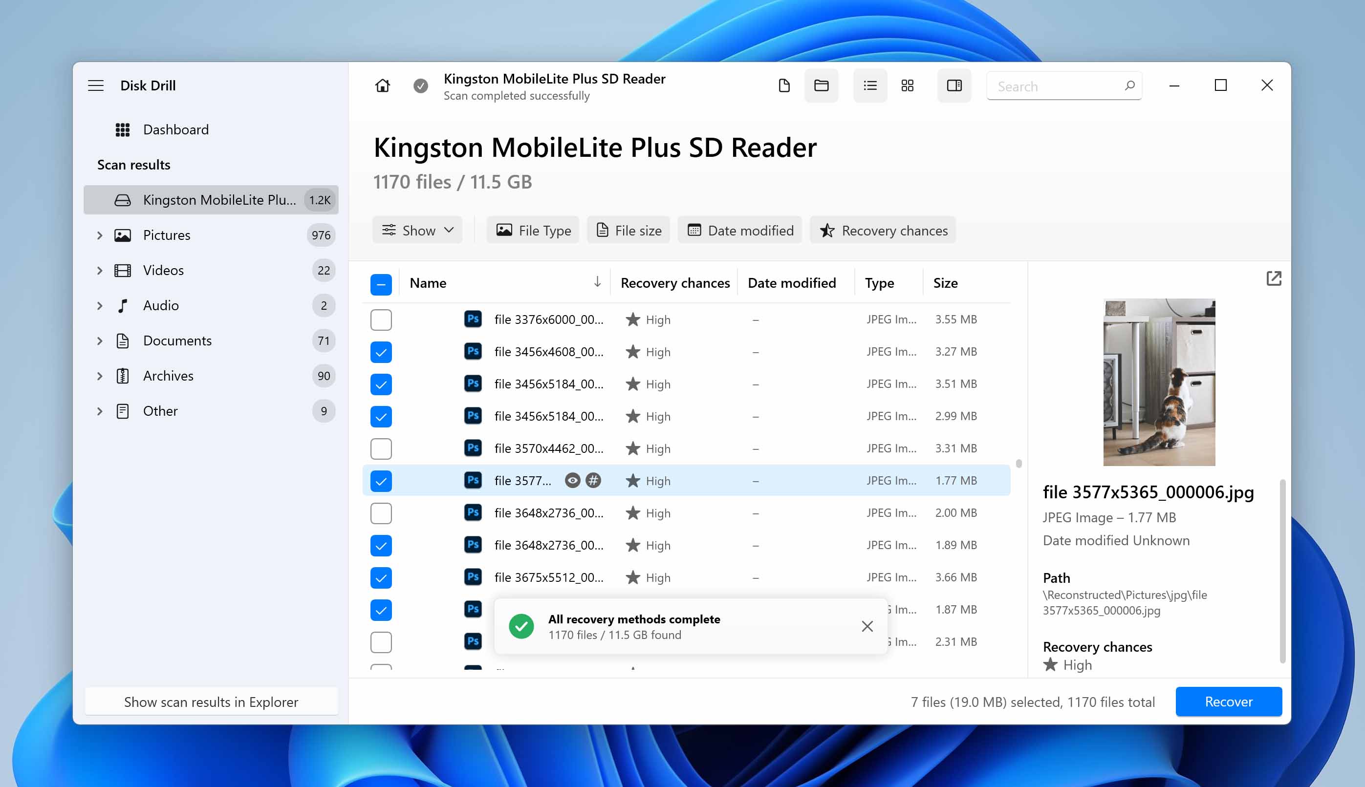 select files for recover