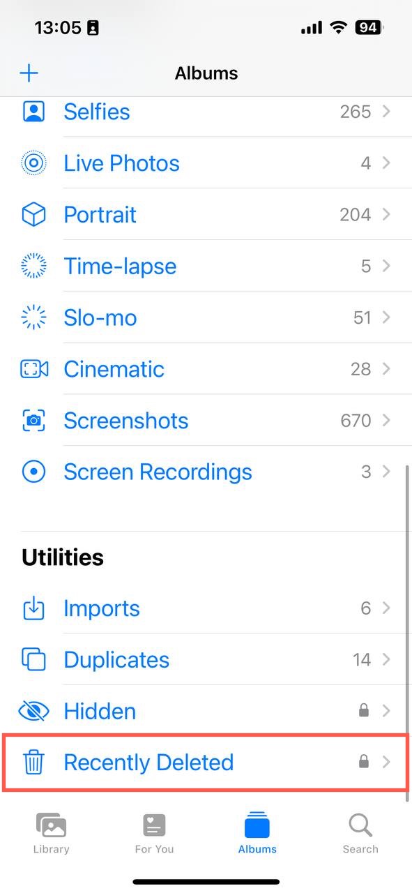 recently deleted album iphone highlighted