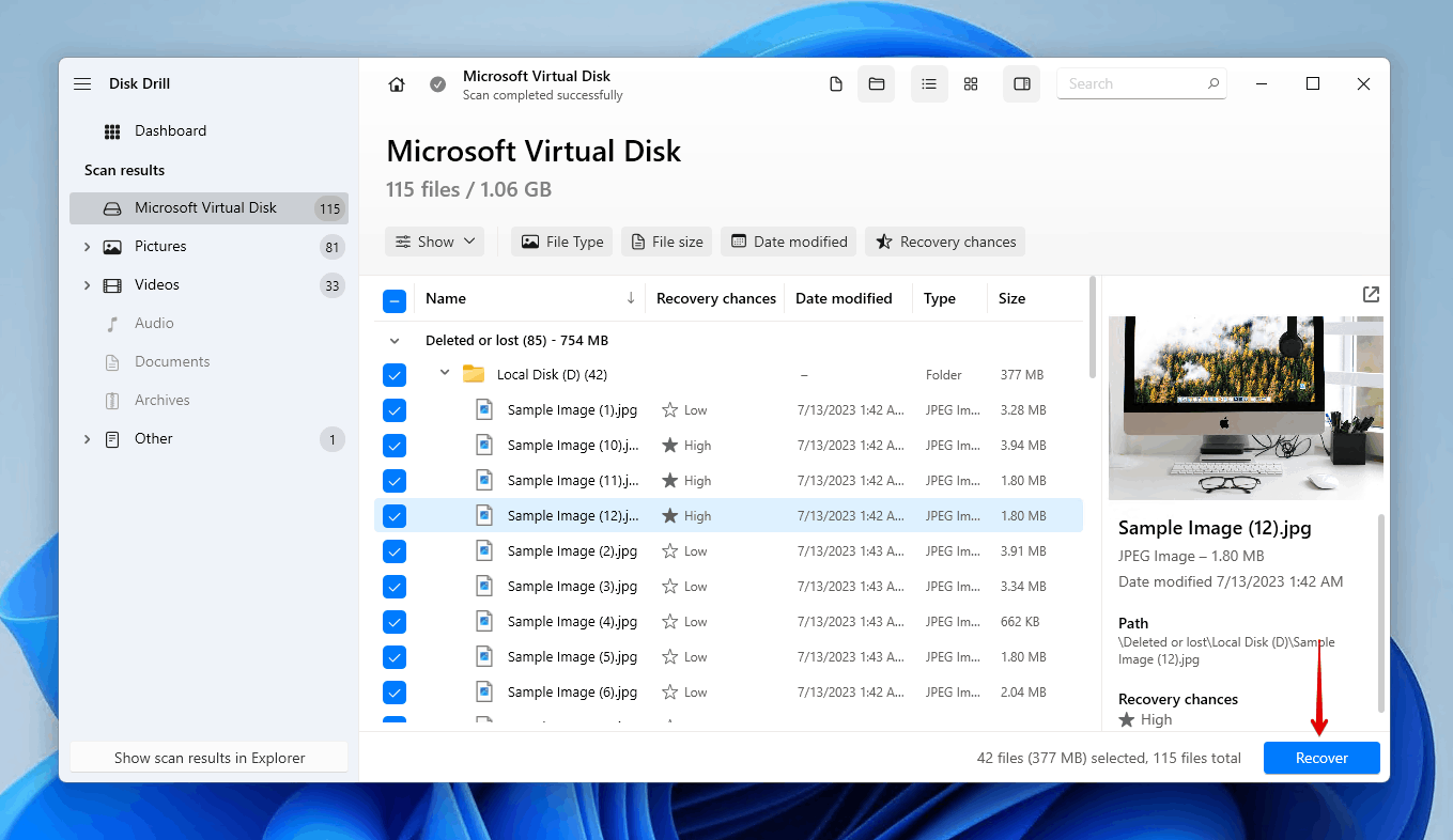 Recovering the selected files from the partition.