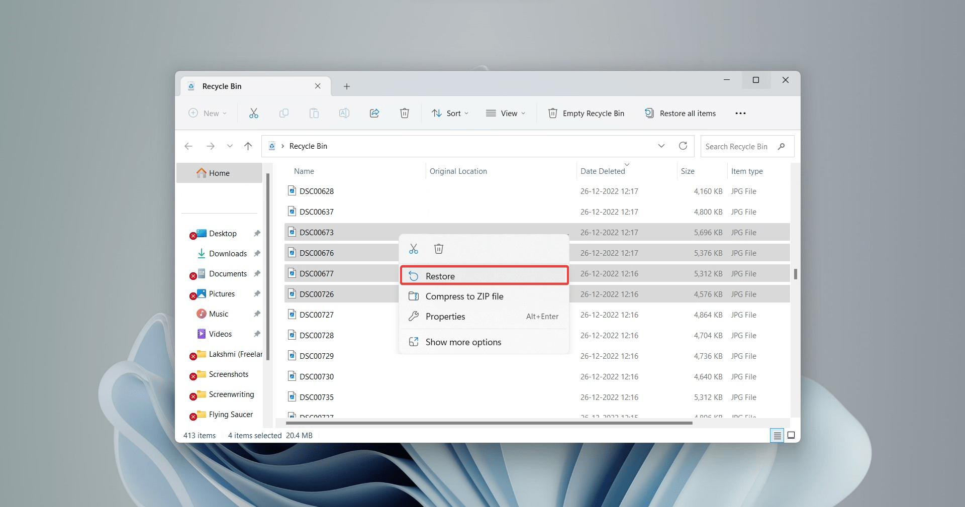 restoring files from the recycle bin