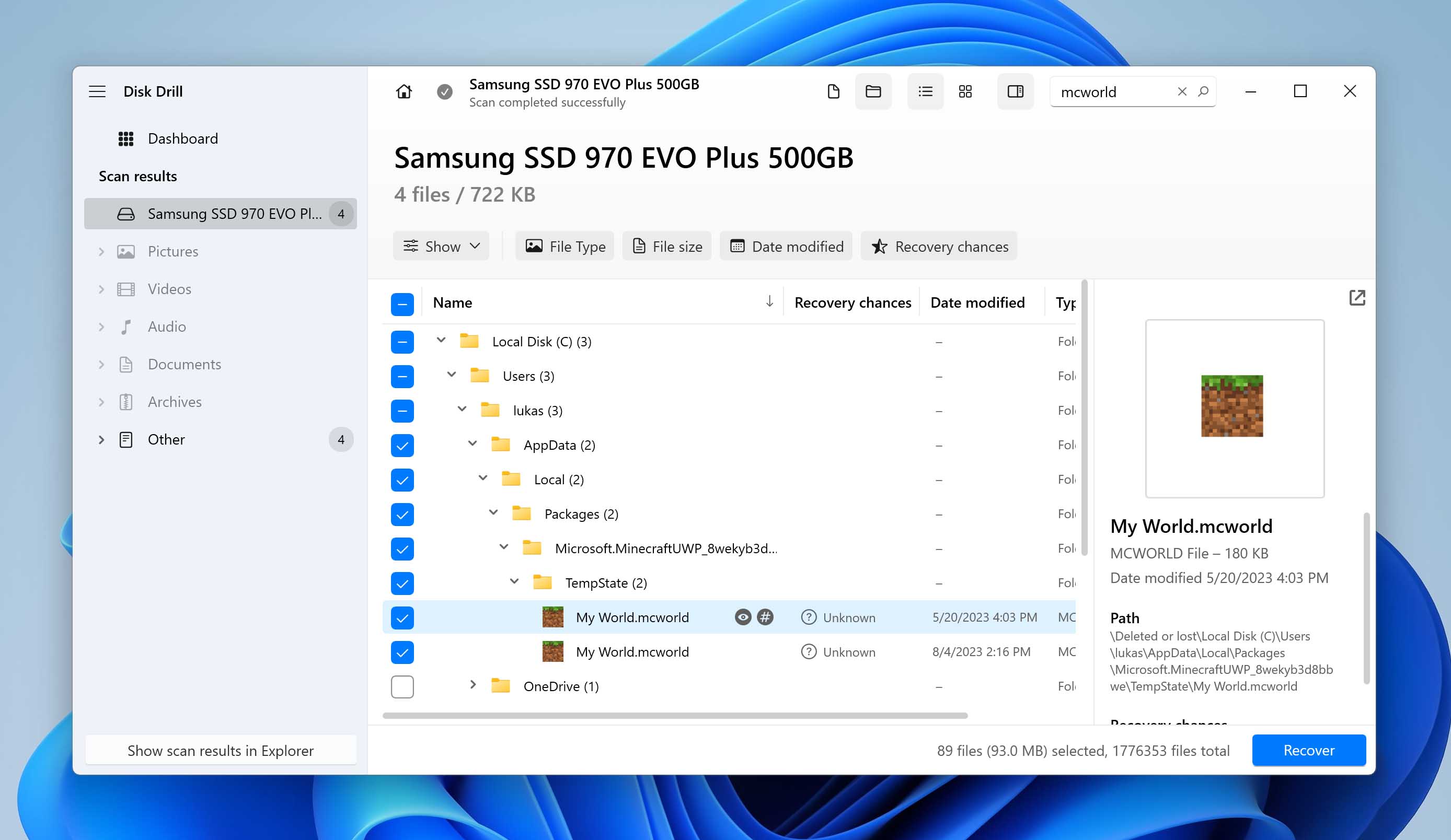recover .mcworld files with disk drill