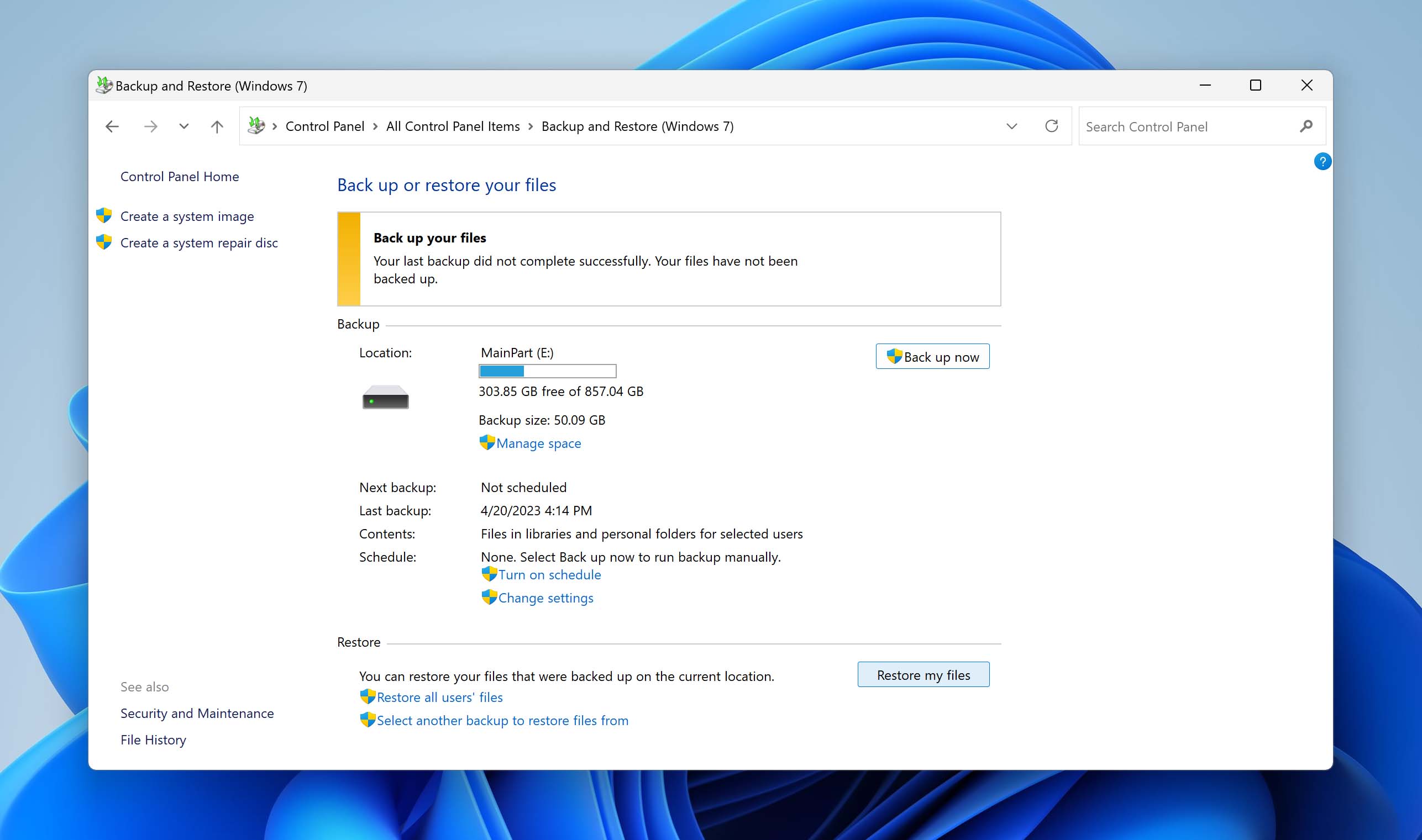 restore user files from restore and backup on windows 11