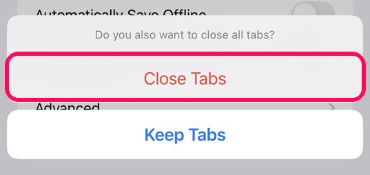safari close to tabs to clear history and data