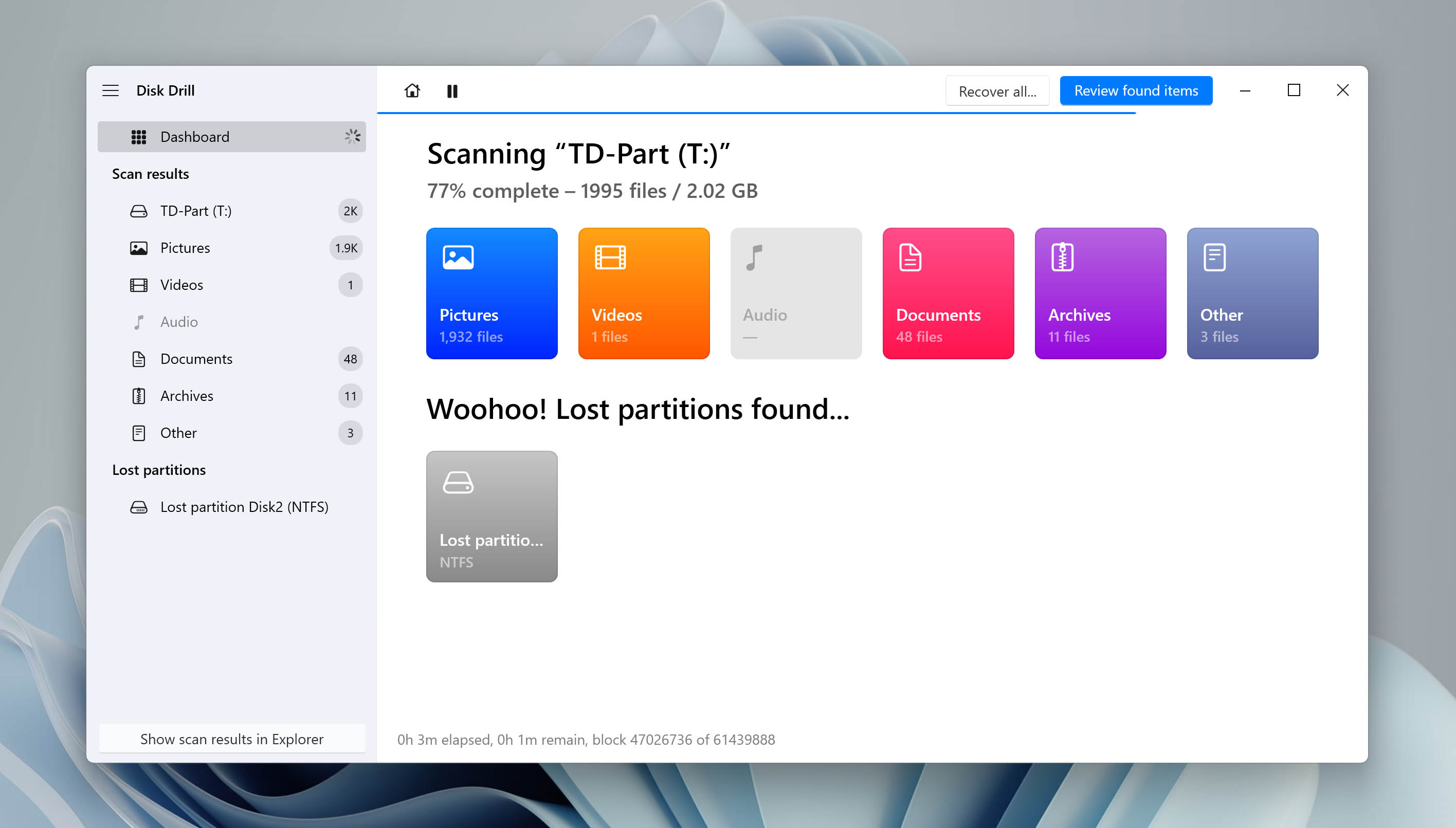 Scan winodw in Disk Drill