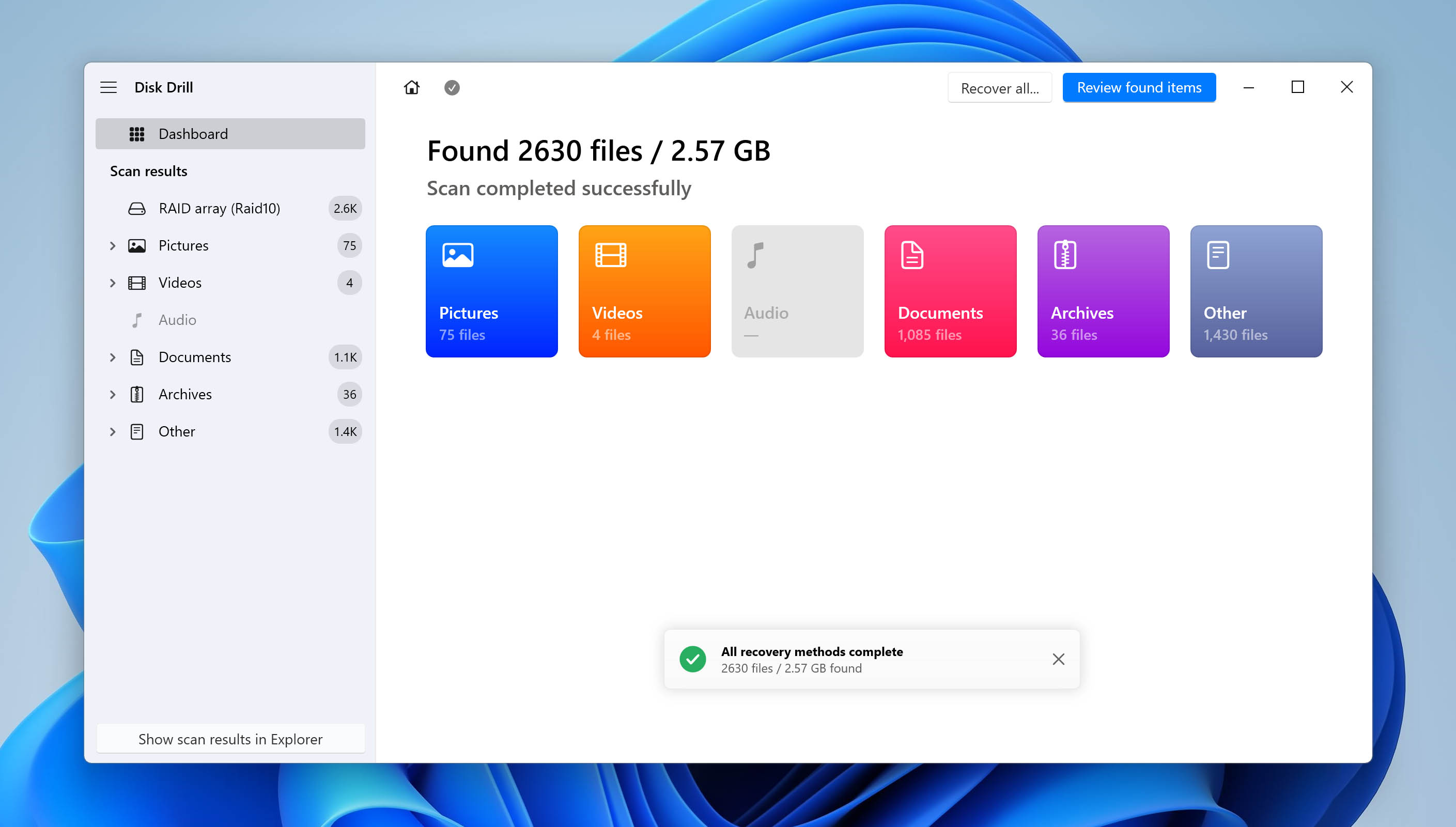 scan results in disk drill