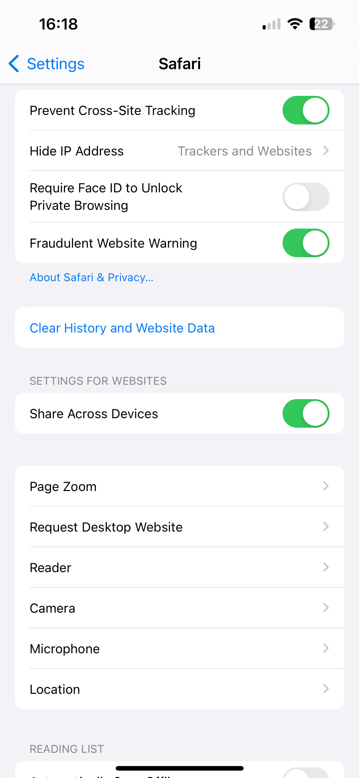Find the Clear History and Website Data button
