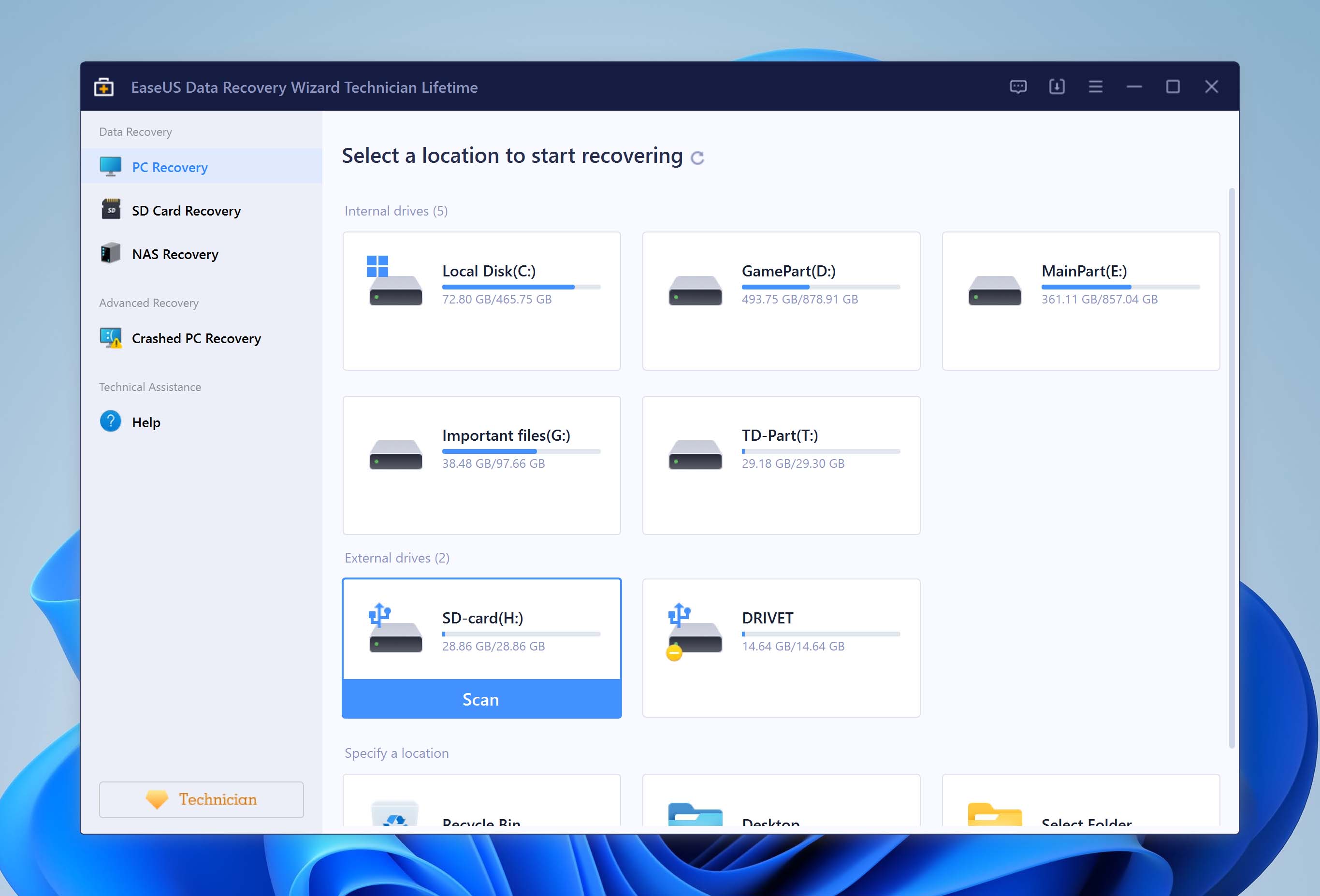 select drive in easeus data recovery wizard