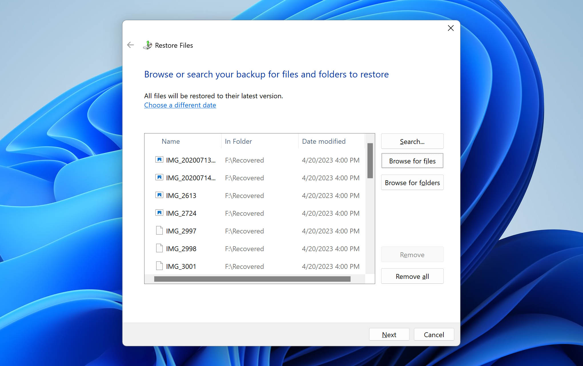 select files to restore from backup
