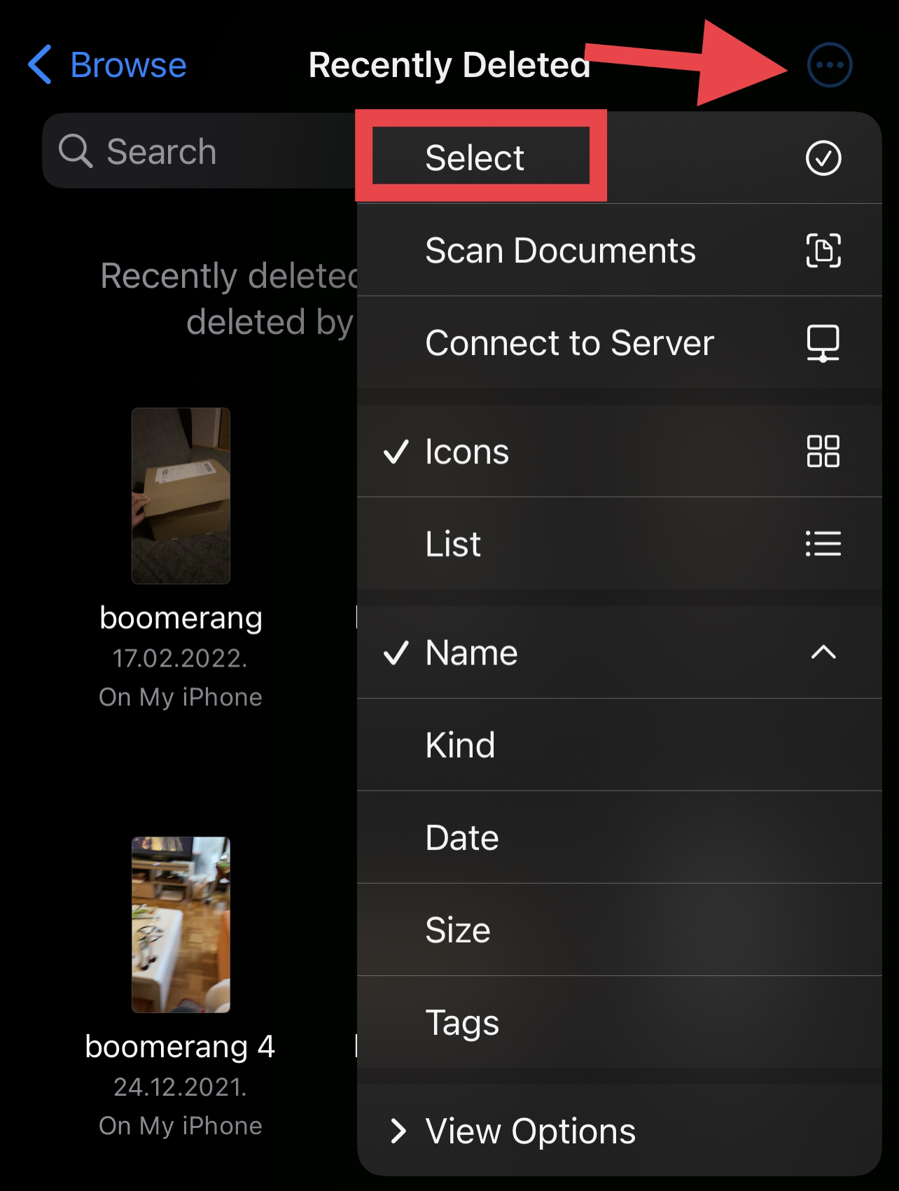 select files on recently deleted