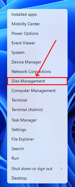 Disk Management in Start Menu 