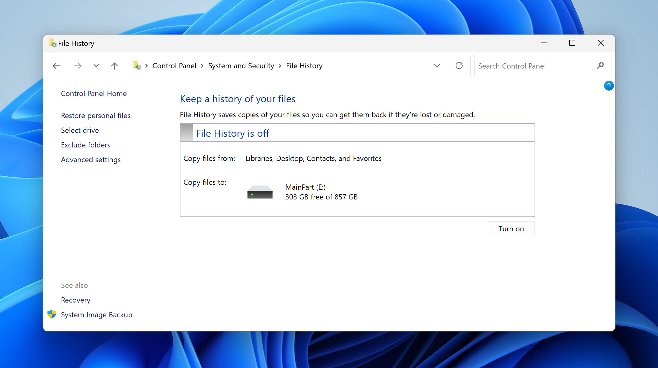 turn on file history