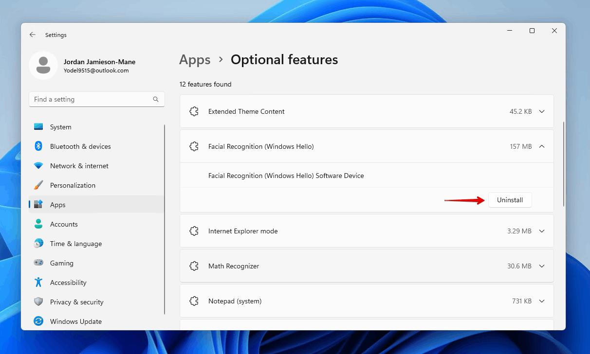 Uninstalling optional features.