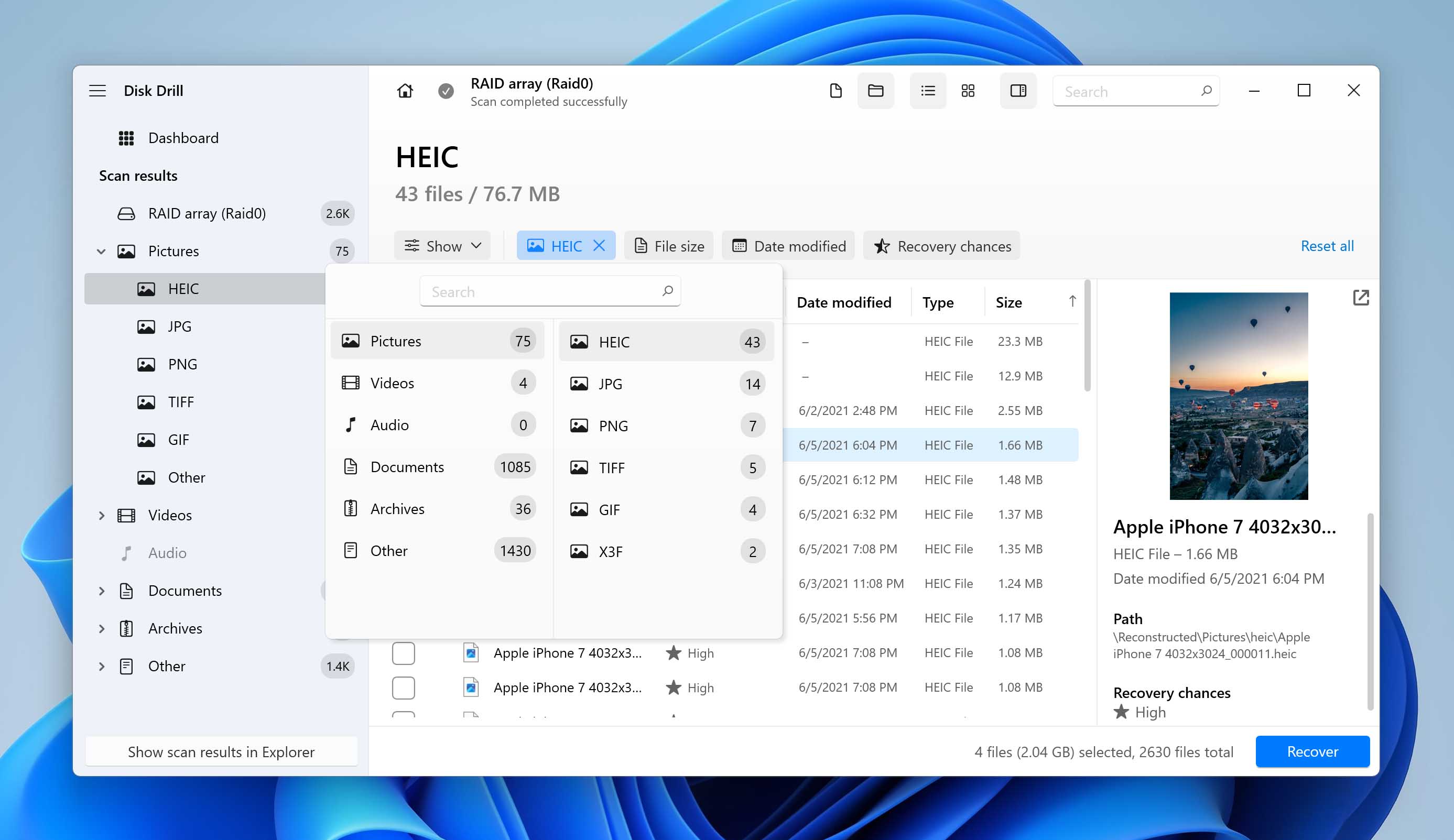 use filter in results Disk Drill