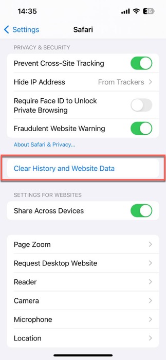 clear history and website data option highlighted