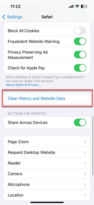 clear history and website data safari highlighted